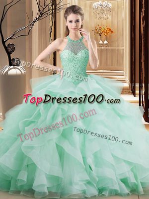 New Arrival Beading and Ruffles Vestidos de Quinceanera Apple Green Lace Up Sleeveless Brush Train