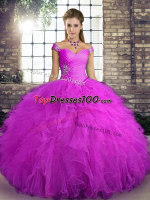 Best Selling Fuchsia Sleeveless Tulle Lace Up Quinceanera Dresses for Military Ball and Sweet 16 and Quinceanera