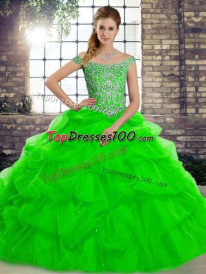 Edgy Green Lace Up Quinceanera Gown Beading and Pick Ups Sleeveless Brush Train