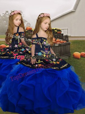 Dramatic Straps Sleeveless Lace Up Child Pageant Dress Royal Blue Tulle