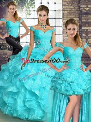 Comfortable Off The Shoulder Sleeveless Organza Sweet 16 Dress Beading and Ruffles Lace Up