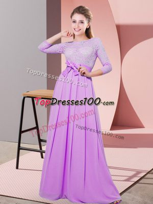 Floor Length Side Zipper Quinceanera Court Dresses Lilac for Wedding Party with Lace and Belt