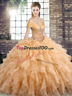 Amazing Off The Shoulder Sleeveless Organza Quinceanera Gowns Beading and Ruffles Brush Train Lace Up