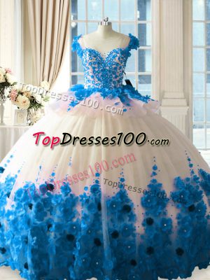 Blue And White Sleeveless Tulle Brush Train Zipper Quinceanera Gowns for Sweet 16 and Quinceanera