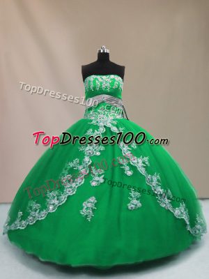 Fancy Tulle Strapless Sleeveless Lace Up Appliques Sweet 16 Quinceanera Dress in Green