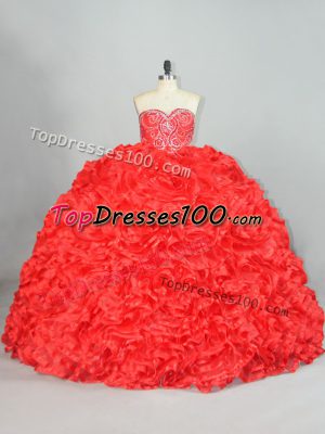High Quality Organza Sweetheart Sleeveless Brush Train Lace Up Beading and Ruffles Quince Ball Gowns in Red