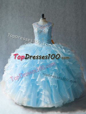 Pretty Blue Lace Up Scoop Beading and Ruffles Quinceanera Gowns Organza Sleeveless
