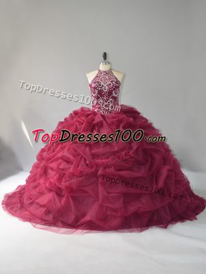 Extravagant Burgundy Organza Lace Up Ball Gown Prom Dress Sleeveless Court Train Beading and Pick Ups