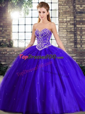 Enchanting Blue Sweetheart Lace Up Beading Quinceanera Gown Brush Train Sleeveless