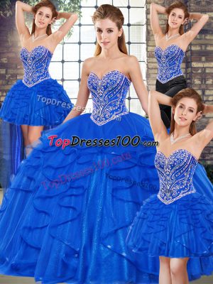Eye-catching Royal Blue Sleeveless Floor Length Beading and Ruffles Lace Up 15th Birthday Dress