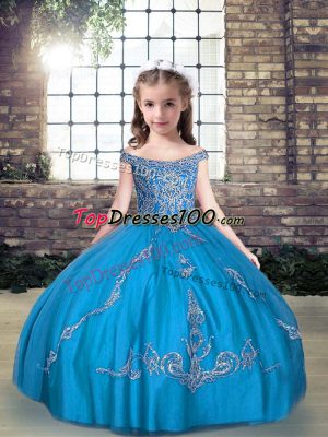 Customized Aqua Blue Off The Shoulder Neckline Beading and Appliques Child Pageant Dress Sleeveless Lace Up