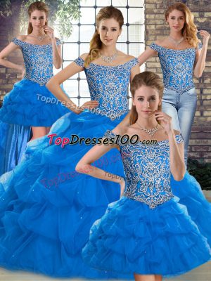 Comfortable Tulle Off The Shoulder Sleeveless Brush Train Lace Up Beading and Pick Ups Quince Ball Gowns in Blue