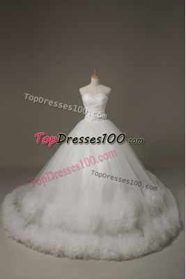 Modern White Sweetheart Lace Up Beading and Hand Made Flower Wedding Gown Court Train Sleeveless