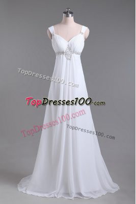 White Straps Neckline Beading Wedding Dress Sleeveless Lace Up