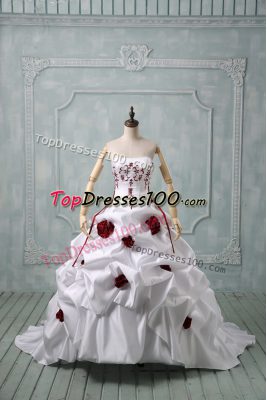 White Wedding Gown Taffeta Brush Train Sleeveless Embroidery and Pick Ups and Hand Made Flower