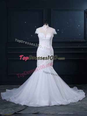 Customized Mermaid Cap Sleeves White Wedding Gown Court Train Clasp Handle