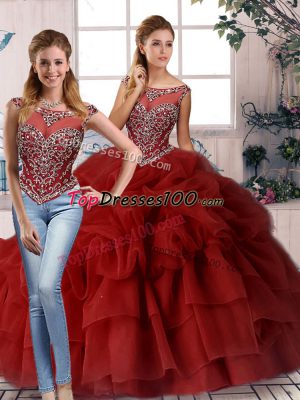 Best Selling Wine Red Two Pieces Scoop Sleeveless Organza Brush Train Zipper Beading and Pick Ups Sweet 16 Quinceanera Dress