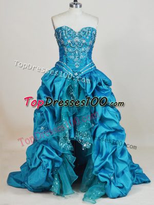 Cute Sweetheart Sleeveless Oscars Dresses High Low Beading and Pick Ups Teal Taffeta