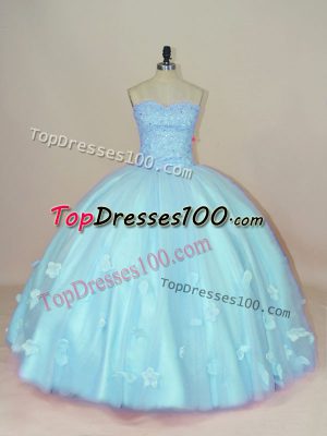 Glorious Aqua Blue Sweetheart Lace Up Beading and Hand Made Flower Sweet 16 Dress Sleeveless