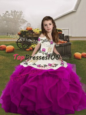 Organza Straps Sleeveless Lace Up Embroidery and Ruffles Kids Pageant Dress in Fuchsia