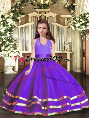 Floor Length Purple Child Pageant Dress Halter Top Sleeveless Lace Up