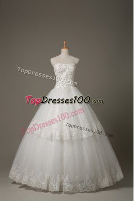 Trendy White Lace Up Strapless Beading and Lace Wedding Dresses Tulle Sleeveless