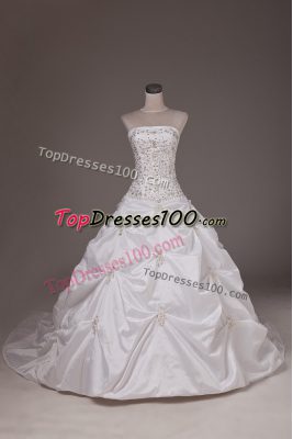 Custom Designed White Bridal Gown Taffeta Brush Train Sleeveless Beading and Pick Ups