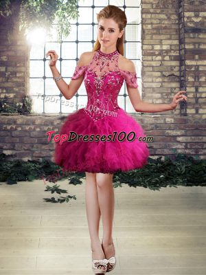 Suitable Halter Top Sleeveless Womens Party Dresses Mini Length Beading and Ruffles Fuchsia Tulle