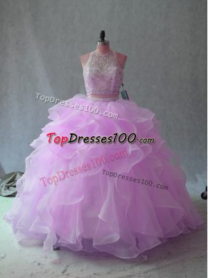 Shining Floor Length Two Pieces Sleeveless Lilac Quinceanera Dress Backless