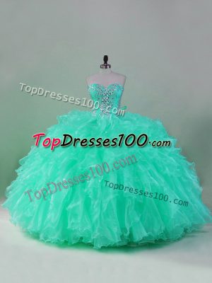 Designer Turquoise Ball Gowns Beading and Ruffles Ball Gown Prom Dress Lace Up Organza Sleeveless Floor Length