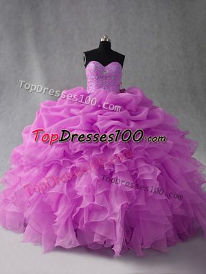 Discount Sleeveless Organza Floor Length Lace Up 15 Quinceanera Dress in Lilac with Beading and Ruffles and Pick Ups