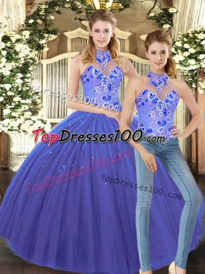 Low Price Floor Length Blue Quinceanera Dresses Halter Top Sleeveless Lace Up
