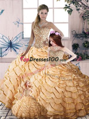 Charming Sweetheart Sleeveless Brush Train Lace Up Quinceanera Dresses Champagne Organza