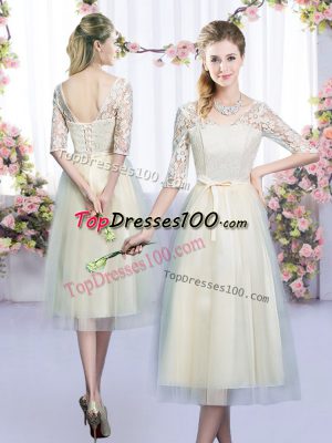 Top Selling Champagne Half Sleeves Tea Length Lace and Bowknot Lace Up Damas Dress