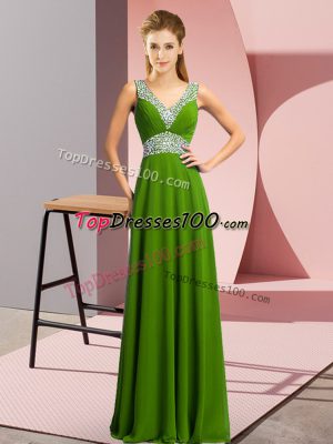 Green Empire Beading Party Dresses Lace Up Chiffon Sleeveless Floor Length