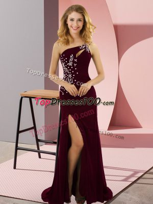 Burgundy Column/Sheath Elastic Woven Satin One Shoulder Sleeveless Beading Lace Up Dress for Prom Sweep Train