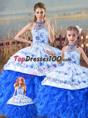 Superior Sleeveless Organza Floor Length Court Train Lace Up 15 Quinceanera Dress in Blue And White with Embroidery and Ruffles