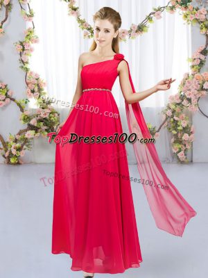 Sleeveless Chiffon Floor Length Lace Up Bridesmaids Dress in Red with Beading and Hand Made Flower