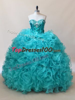 Aqua Blue Ball Gowns Ruffles and Sequins Sweet 16 Dress Fabric With Rolling Flowers Sleeveless Floor Length