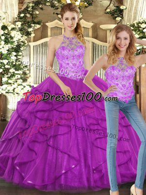 Excellent Floor Length Lace Up 15th Birthday Dress Purple for Sweet 16 and Quinceanera with Beading and Ruffles