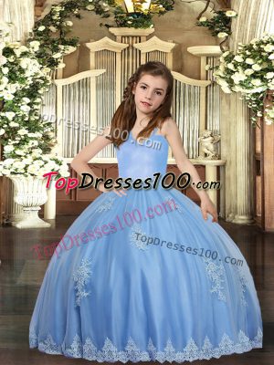 Classical Baby Blue Ball Gowns Straps Sleeveless Tulle Floor Length Lace Up Appliques Pageant Dress for Teens