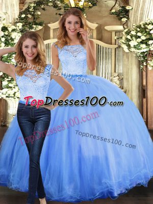 Blue Vestidos de Quinceanera Military Ball and Sweet 16 and Quinceanera with Lace Scoop Sleeveless Clasp Handle
