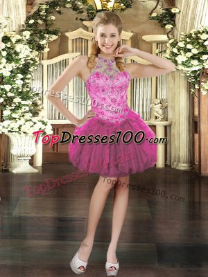 Halter Top Sleeveless Tulle Prom Gown Beading and Ruffles Lace Up