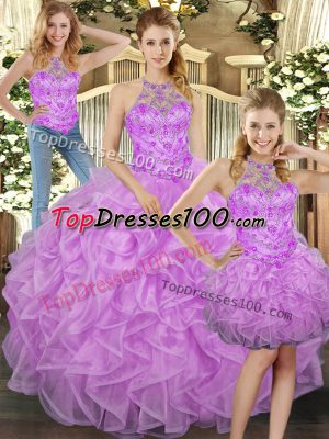 Lilac Sleeveless Tulle Lace Up Sweet 16 Dresses for Military Ball and Sweet 16 and Quinceanera