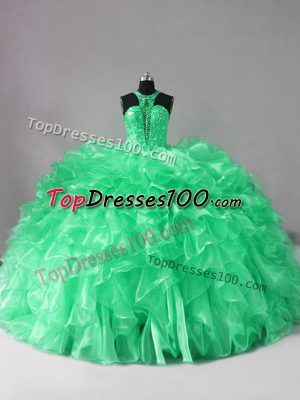 Luxury Green 15th Birthday Dress Sweet 16 and Quinceanera with Beading and Ruffles Halter Top Sleeveless Brush Train Lace Up