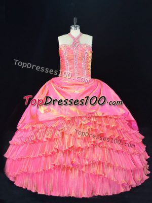 Ideal Rose Pink Halter Top Lace Up Beading and Ruffled Layers Quinceanera Dress Sleeveless