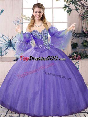 Lavender Ball Gowns Sweetheart Sleeveless Tulle Floor Length Lace Up Beading Quinceanera Dress