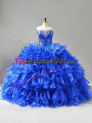 Organza Sweetheart Sleeveless Lace Up Beading and Ruffles 15 Quinceanera Dress in Royal Blue
