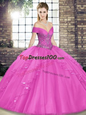 Ideal Lilac Ball Gowns Tulle Off The Shoulder Sleeveless Beading and Ruffles Floor Length Lace Up Quinceanera Gowns