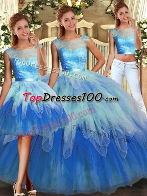 Simple Multi-color Scoop Neckline Lace and Ruffles 15 Quinceanera Dress Sleeveless Lace Up